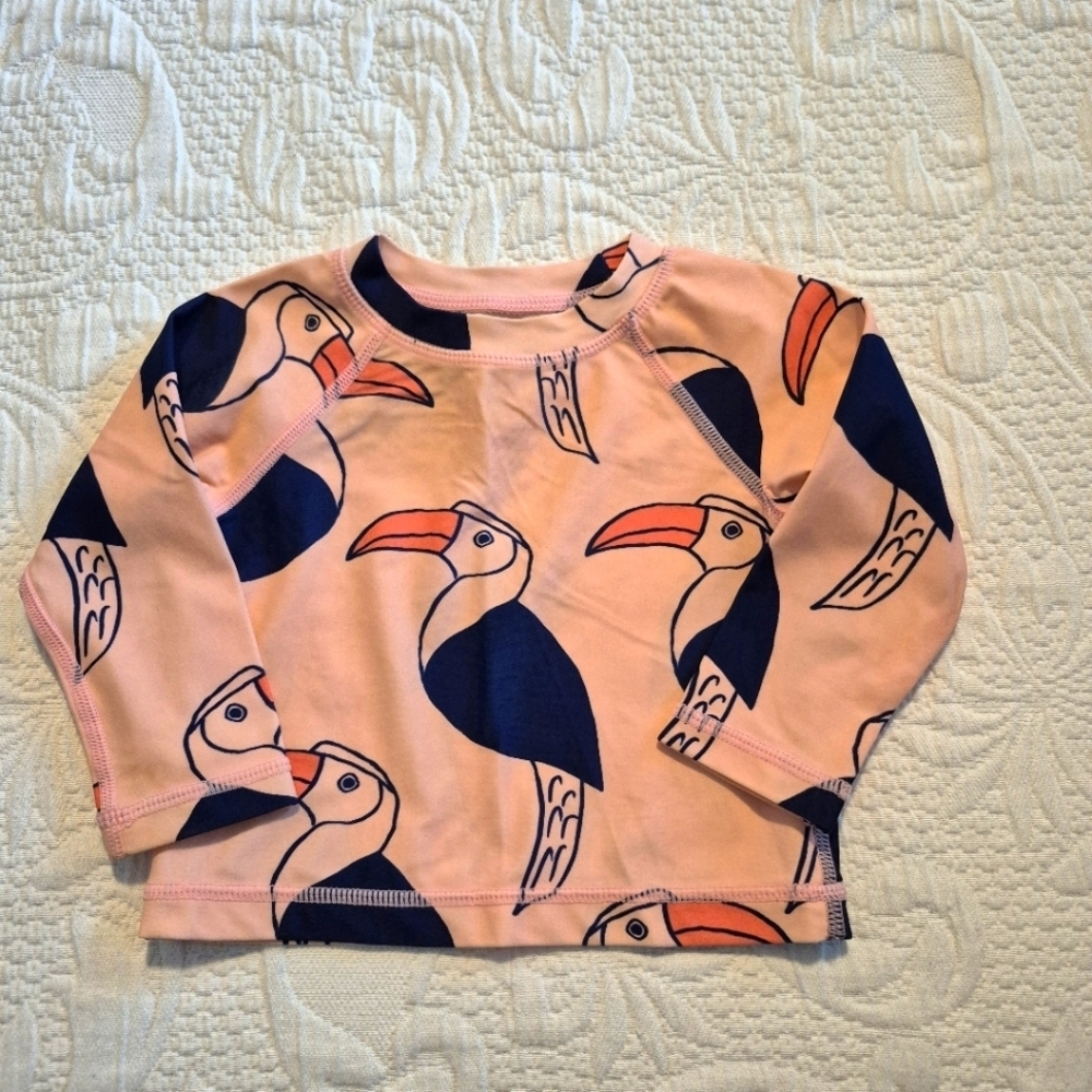 Tea Collection girls size 6-9 months pink bird design swim rashguard, defect